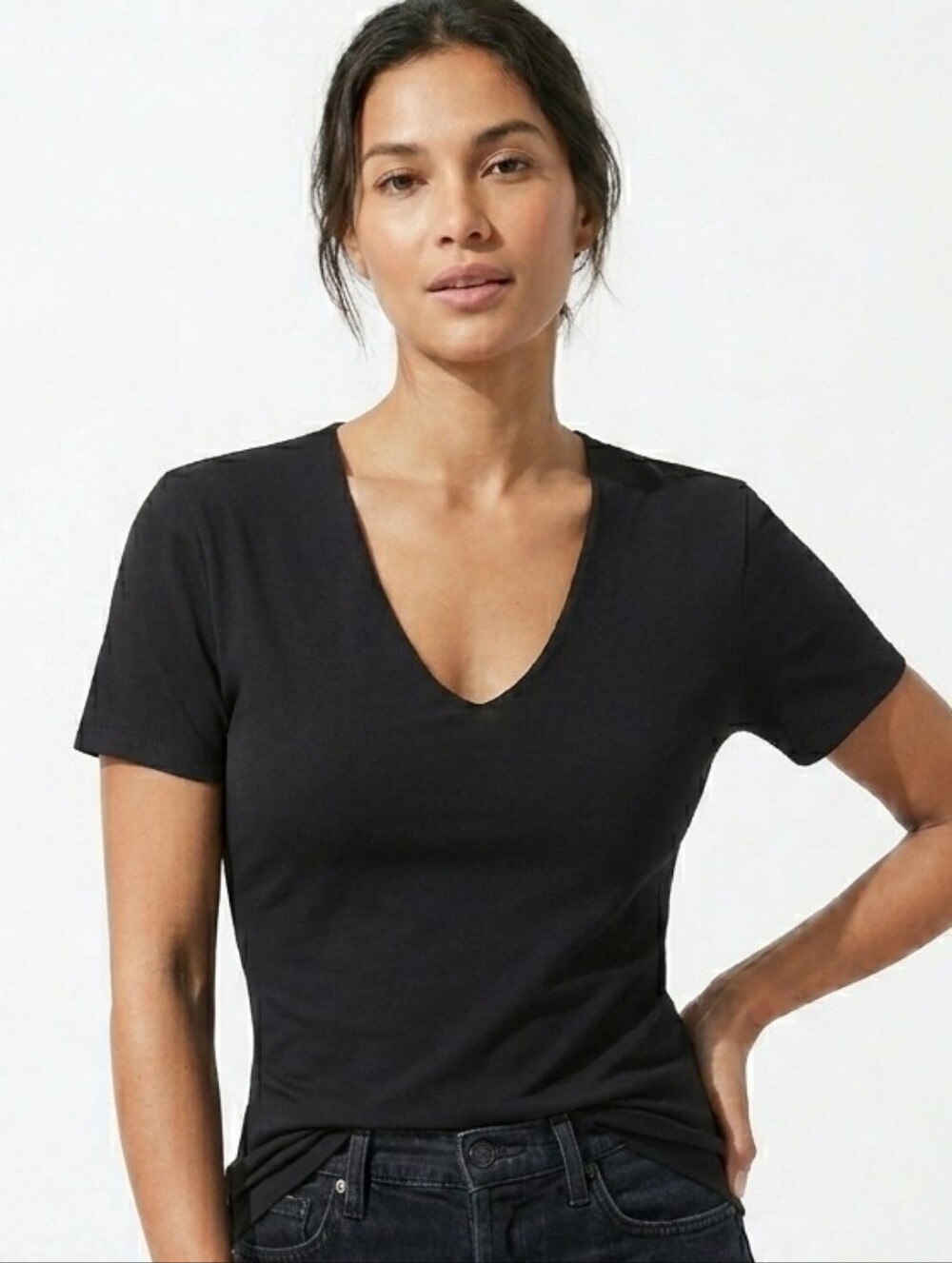 JAMES PERSE  Estilo Black Deep Cotton V Neck Fitted Top Size 3/LG